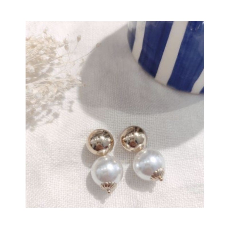 Boucles d'Oreilles Milë Mila Perle Blanche et Perle Boule Dorée MILË MILA
