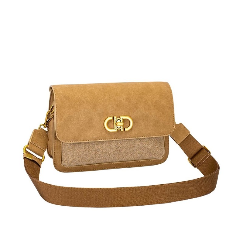 Sac Bandoulière Ocre Clair ou Chocolat Effet Daim et Tissus DAVID JONES