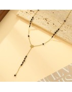 Collier Y Doré Perles Noires et Fleur Centrale ECLAT PARIS