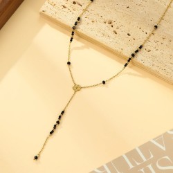 Collier Y Doré Perles Noires et Fleur Centrale ECLAT PARIS