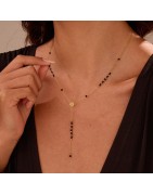 Collier Y Doré Perles Noires et Fleur Centrale ECLAT PARIS