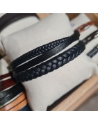 Bracelet Homme Cuir Tressé et Plat Triple Rang Noir SABLE CHAUD
