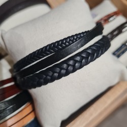 Bracelet Homme Cuir Tressé et Plat Triple Rang Noir SABLE CHAUD