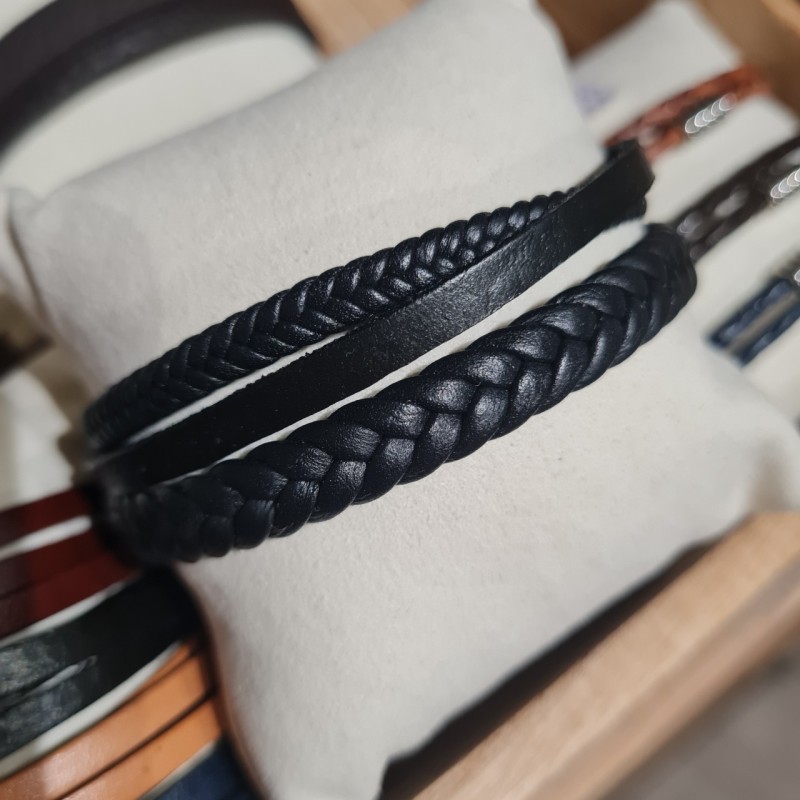 Bracelet Homme Cuir Tressé et Plat Triple Rang Noir SABLE CHAUD