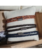 Bracelet Homme Cuir Tressé Double Tour Fin et Elément Acier Sable Chaud SABLE CHAUD