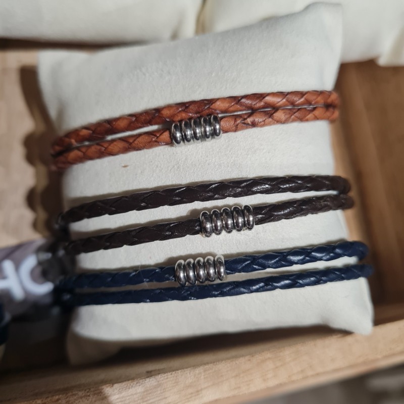 Bracelet Homme Cuir Tressé Double Tour Fin et Elément Acier Sable Chaud SABLE CHAUD