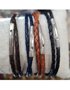 Bracelet Homme Cuir Tressé Double Tour Fin et Elément Acier Sable Chaud SABLE CHAUD