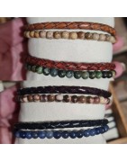 Cuir Double Rang Tressé et Pierres Naturelles Homme SABLE CHAUD