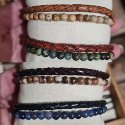 Cuir Double Rang Tressé et Pierres Naturelles Homme SABLE CHAUD