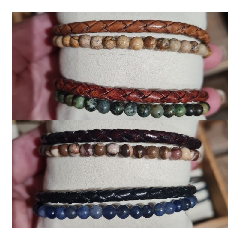 Cuir Double Rang Tressé et Pierres Naturelles Homme SABLE CHAUD