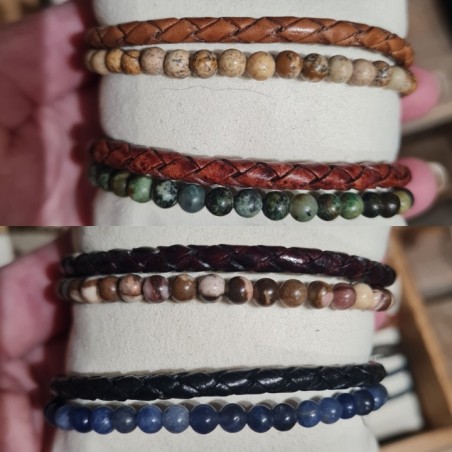 Cuir Double Rang Tressé et Pierres Naturelles Homme SABLE CHAUD