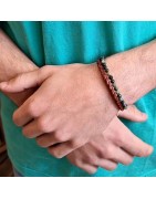 Cuir Double Rang Tressé et Pierres Naturelles Homme SABLE CHAUD