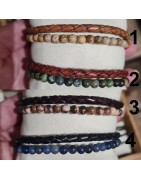 Cuir Double Rang Tressé et Pierres Naturelles Homme SABLE CHAUD