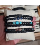 Bracelet Cuir Double Rang Tressé et Pierres Naturelles Noires et Bleues Homme SABLE CHAUD