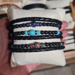 Bracelet Cuir Double Rang Tressé et Pierres Naturelles Noires et Bleues Homme SABLE CHAUD