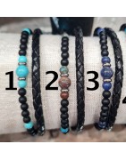 Bracelet Cuir Double Rang Tressé et Pierres Naturelles Noires et Bleues Homme SABLE CHAUD