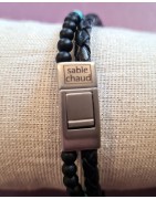 Bracelet Cuir Double Rang Tressé et Pierres Naturelles Noires et Bleues Homme SABLE CHAUD