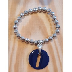 Bracelet Élastiqué Bianca Perles Argentées et Breloque en  Résine Bleue Marine