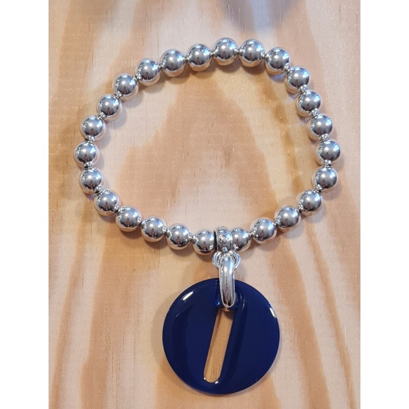Bracelet Élastiqué Bianca Perles Argentées et Breloque en  Résine Bleue Marine