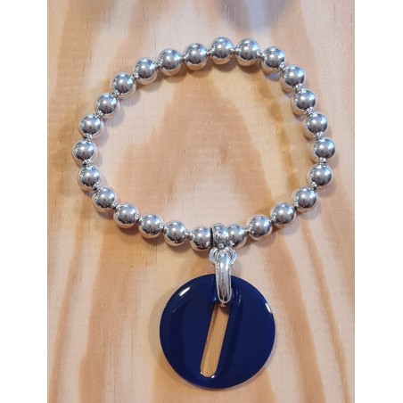 Bracelet Élastiqué Bianca Perles Argentées et Breloque en  Résine Bleue Marine