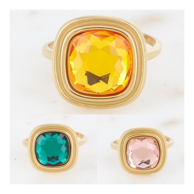 Bague en Acier Doré et Cristal Carré, Réglable BOHM