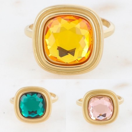 Bague en Acier Doré et Cristal Carré, Réglable BOHM