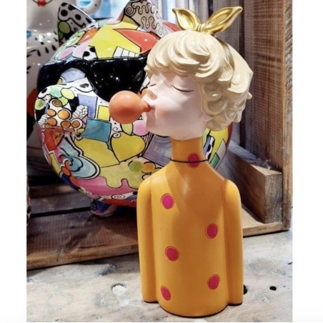 Figurine Buste Résine, Pop Art, Fille au Bubble Gum J LINE by JOLIPA