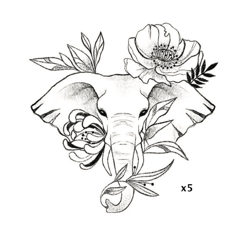 Pochette de 5 Lovely Tattoo Tête d'Eléphant  Fleurie Tatouages Ephémères SIOOU