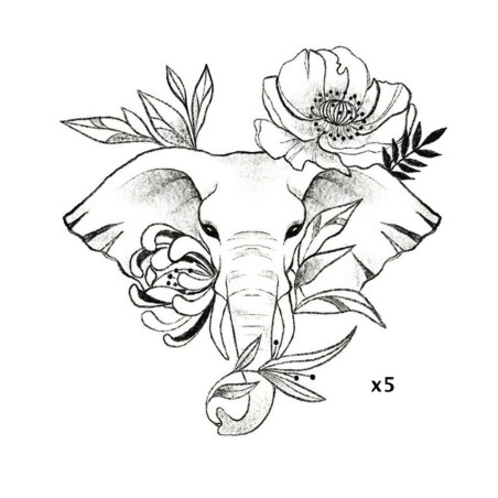 Pochette de 5 Lovely Tattoo Tête d'Eléphant  Fleurie Tatouages Ephémères SIOOU