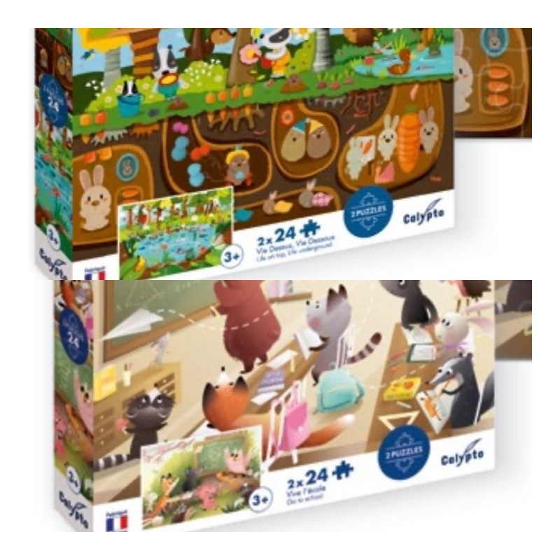 Puzzles 2 x 24 pièces, 3 ans + Vive l'Ecole, Ferme et Ville, Vie Dessus Vie Dessous SENTOSPHERE