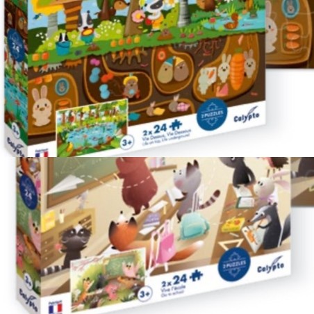 Puzzles 2 x 24 pièces, 3 ans + Vive l'Ecole, Ferme et Ville, Vie Dessus Vie Dessous SENTOSPHERE