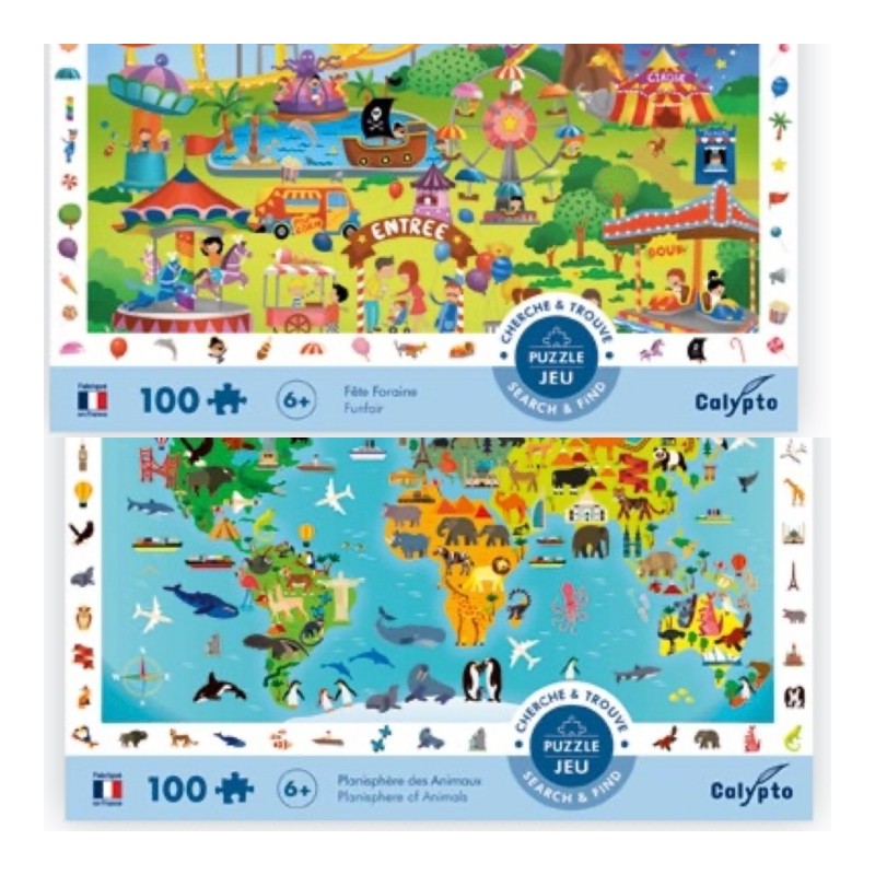 Puzzle 100 pièces, Cherche et Trouve 7 ans + Planisphère des Animaux ou Fête Foraine SENTOSPHERE