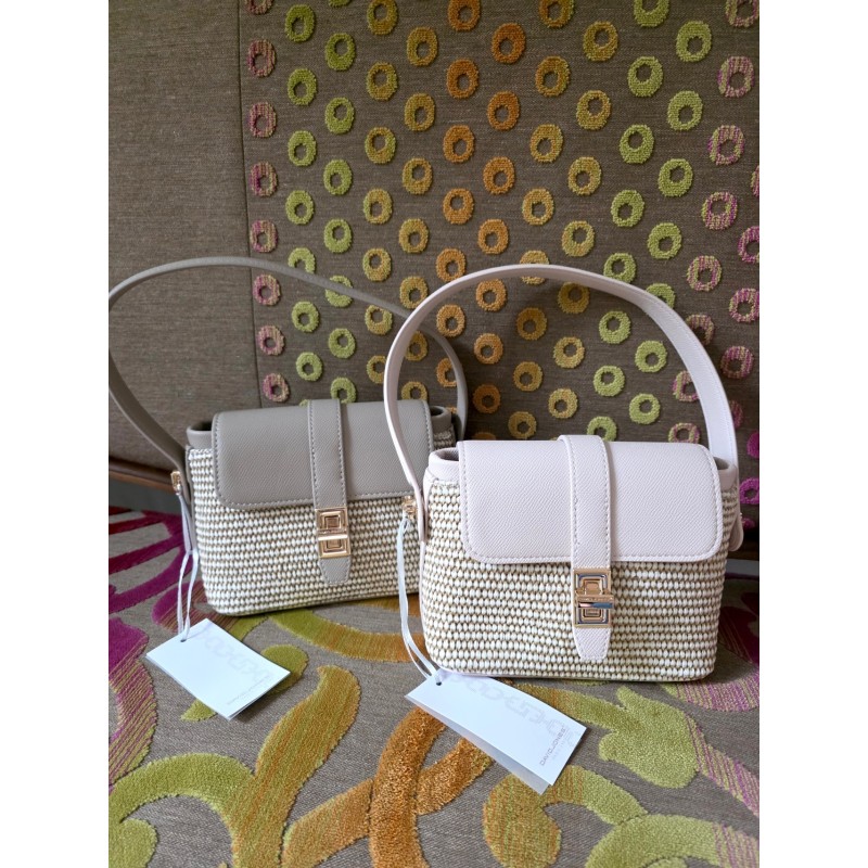 Petit Sac Paille et Cuir Synthétiques Rose Päle ou Beige DAVID JONES