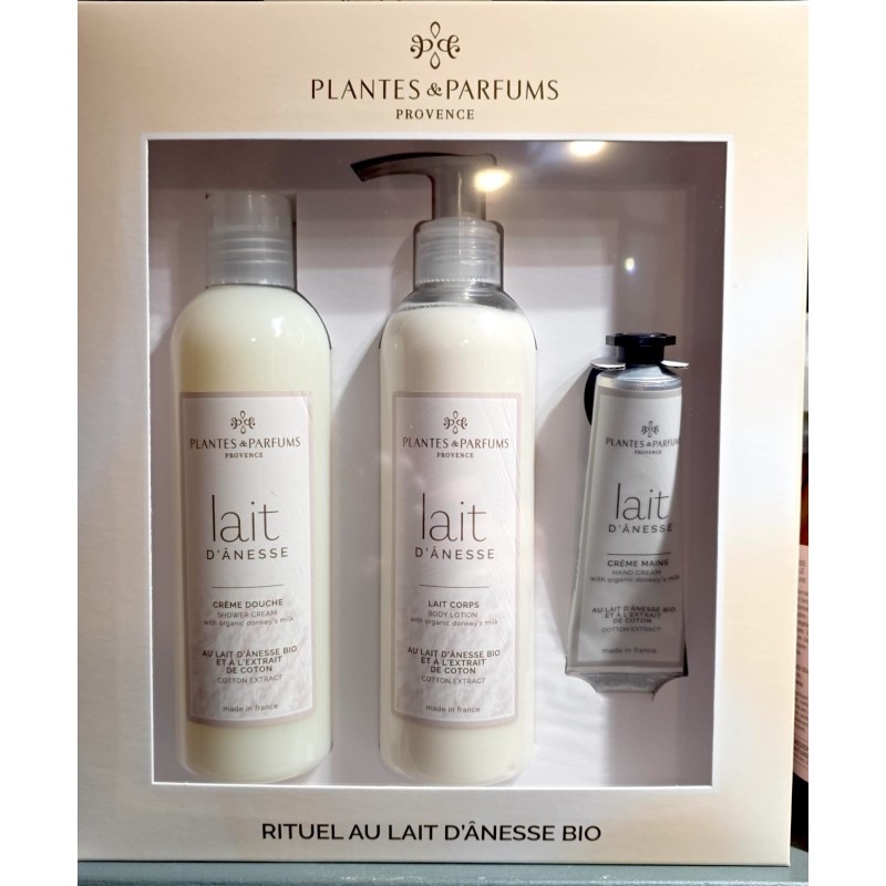 Coffret Crème de Douche, Lait Corps et Crème Mains au Lait d'Anesse BIO et à la Fleur de Coton PLANTES ET PARFUMS