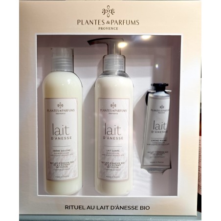 Coffret Crème de Douche, Lait Corps et Crème Mains au Lait d'Anesse BIO et à la Fleur de Coton PLANTES ET PARFUMS