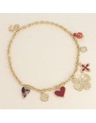 Collier à Breloques Trèfles et Coeurs, Résine Léopard, Email Rouge, Céramique, sur Chaîne en Acier Doré BOHM