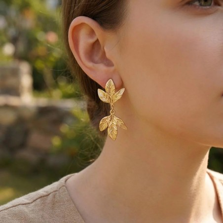Boucles d'oreilles Feuille en Acier Doré Pendantes ECLAT PARIS