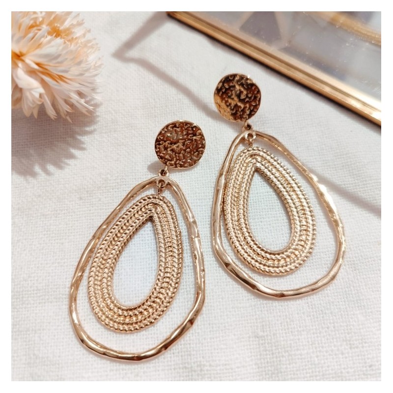 Boucles d'Oreilles  Gouttes Martelées en Acier Doré MILË MILA