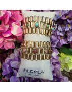 Bracelet Manchette en Mailles en Acier Doré et Pierres Naturelles Roses ou Vertes