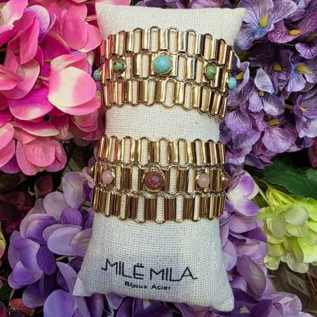 Bracelet Manchette en Mailles en Acier Doré et Pierres Naturelles Roses ou Vertes