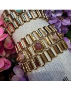 Bracelet Manchette en Mailles en Acier Doré et Pierres Naturelles Roses ou Vertes