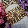 Bracelet Manchette en Mailles en Acier Doré et Pierres Naturelles Roses ou Vertes