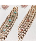 Bracelet Manchette en Mailles en Acier Doré et Pierres Naturelles Roses ou Vertes