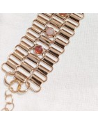 Bracelet Manchette en Mailles en Acier Doré et Pierres Naturelles Roses ou Vertes