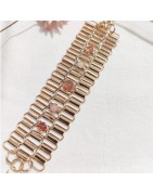Bracelet Manchette en Mailles en Acier Doré et Pierres Naturelles Roses ou Vertes