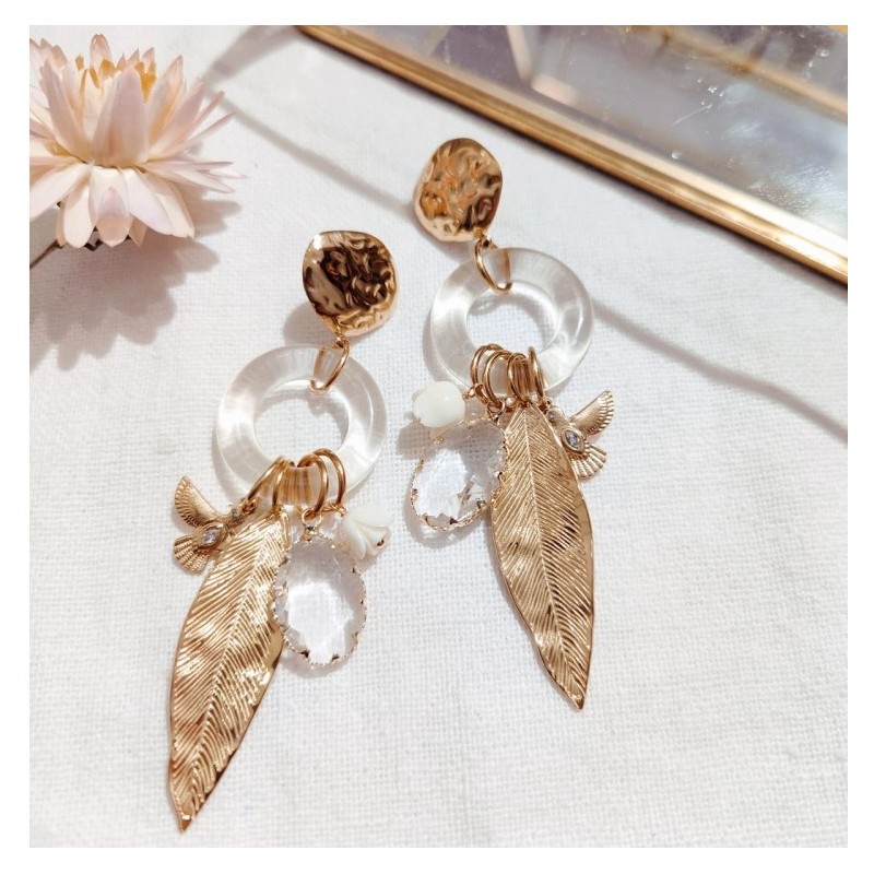 Boucles d'Oreilles  Pendantes Breloques Plume en Acier Doré MILË MILA