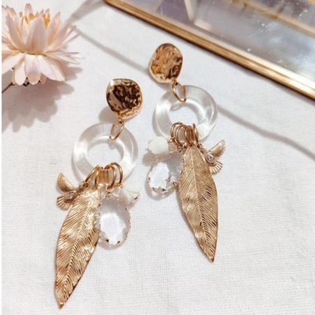 Boucles d'Oreilles  Pendantes Breloques Plume en Acier Doré MILË MILA