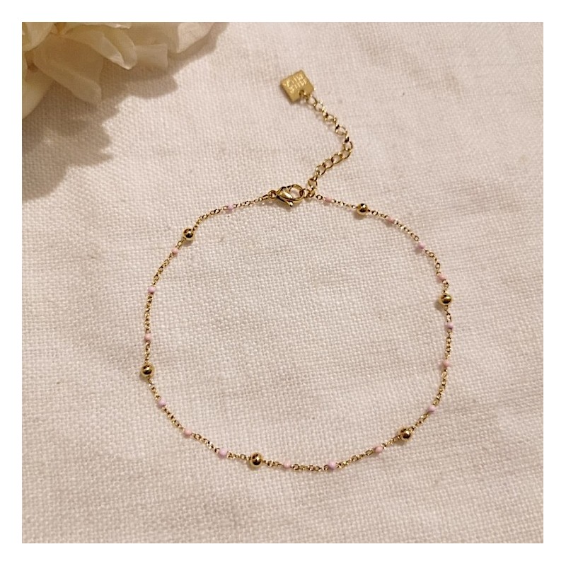 Chevillère Chaîne de Cheville en Acier Doré, Perles Acier, et Emil Rose Pâle MILË MILA