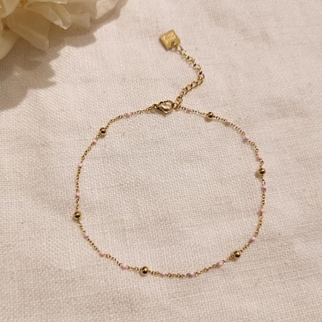 Chevillère Chaîne de Cheville en Acier Doré, Perles Acier, et Emil Rose Pâle MILË MILA