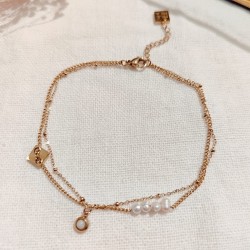 Chevillère Chaîne de Cheville Deux Rangs en Acier Doré, et Perles d'Eau Douce MILË MILA